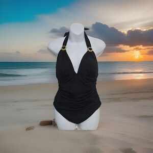 Lauren Ralph Lauren One Piece Slimming Swimsuit Black Halter Gold Hardware 12
